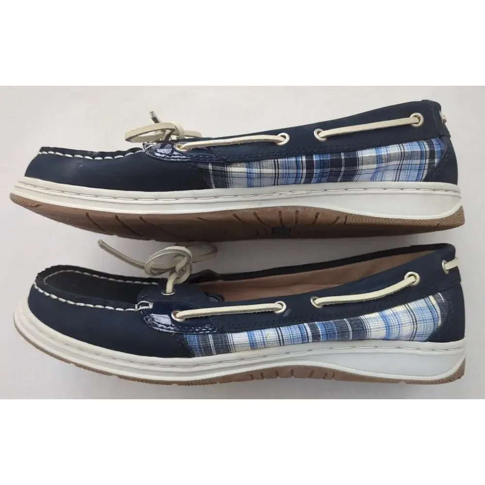 KHOMBU Blue Leather & White Plaid Slip on Boat Shoes women's Size 11